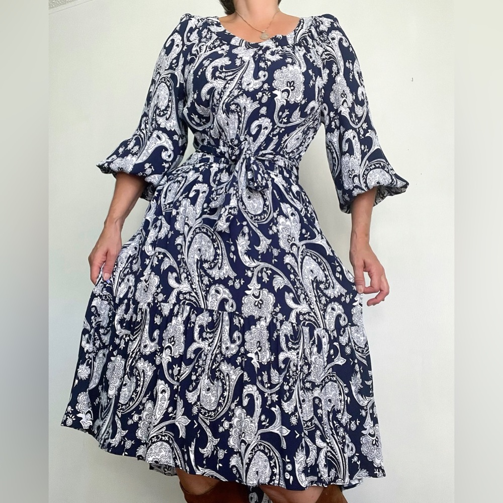 Fantastic Talbots Blue White Bohemian Dress High Low